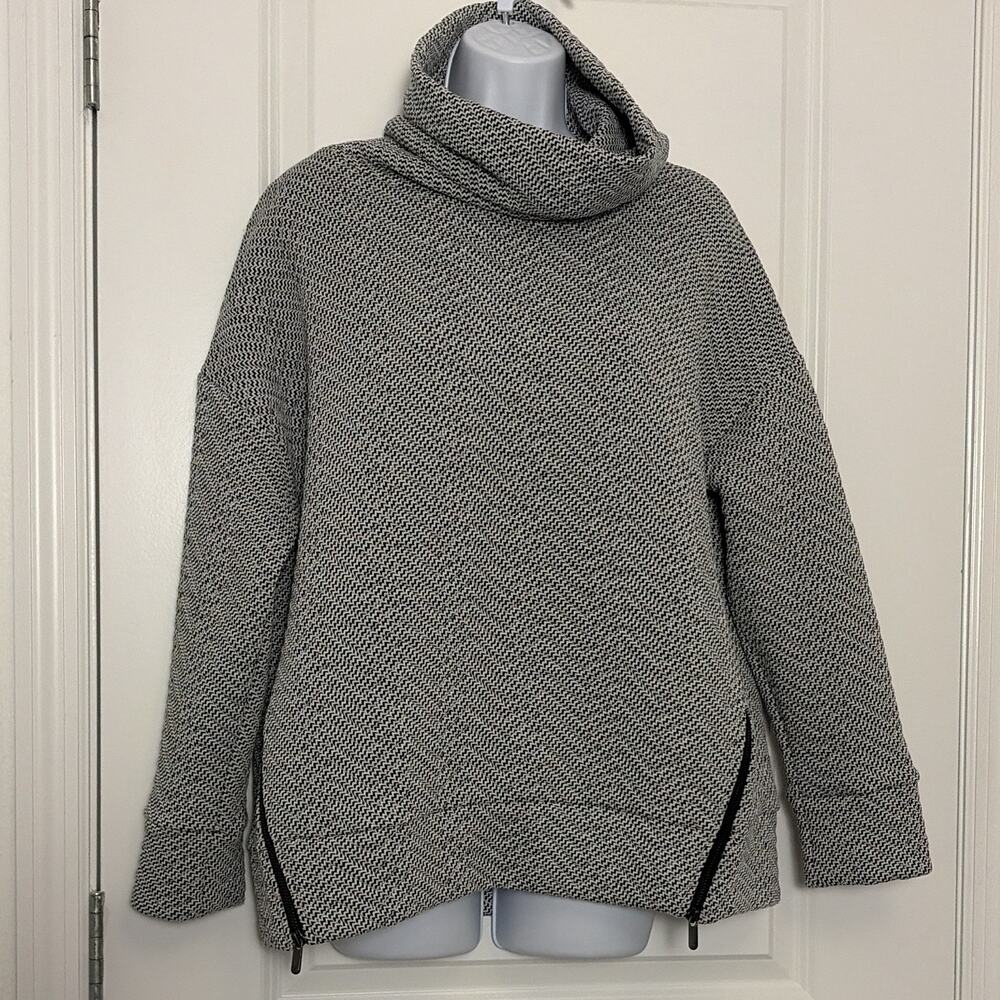 Women’s Black/White Herringbone Knit Cowl Neck Pullover Side Zip Sweater XL